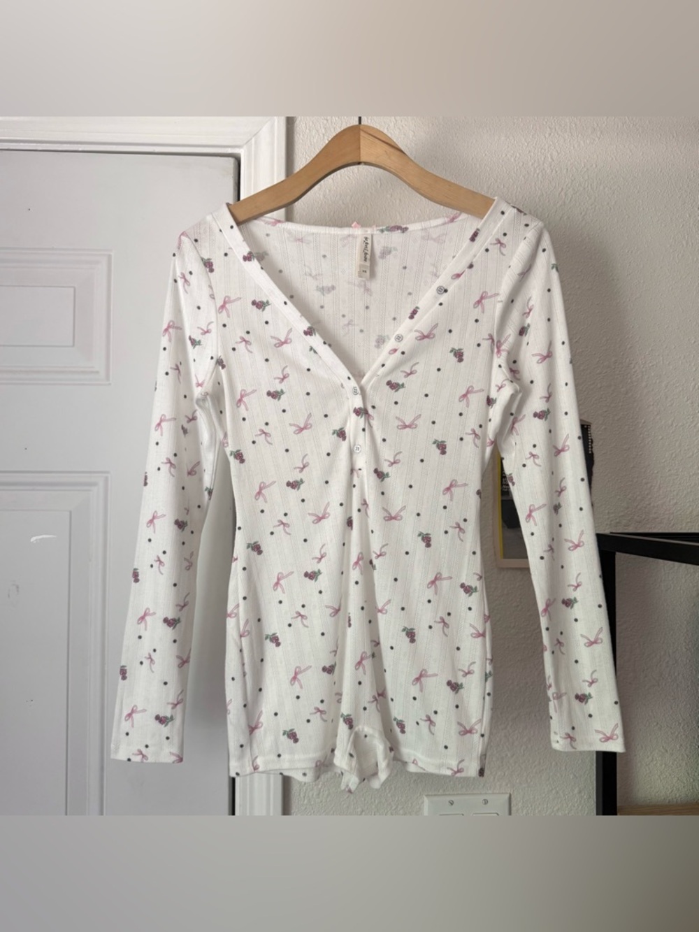 FOR LOVE & LEMONS white pink rose floral bow pointelle knit pajama henley romper